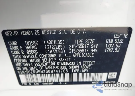 2016 Honda Hr-V Lx from USA, damaged, VIN 3CZRU5H33GM741705